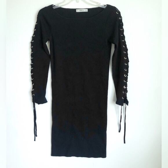 Zara Knit Lace Down Tie Long Sleeve Dress Black Small - Picture 3 of 11